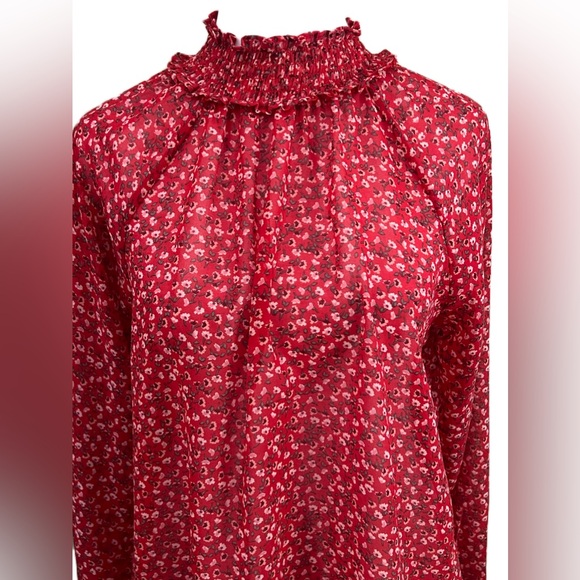 GAP Red & White Dainty Floral Chiffon Long Sleeve Mock Neck Ruffle Blouse XS - Picture 2 of 8